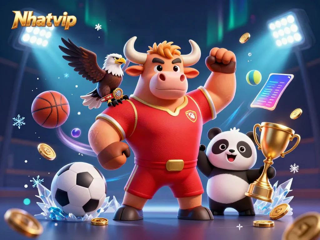 Nhatvip players celebrating with a trophy, animated gaming elements surround them, embodying online casino excitement.