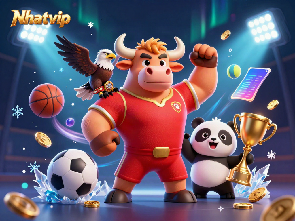 Nhatvip players celebrating with a trophy, animated gaming elements surround them, embodying online casino excitement.