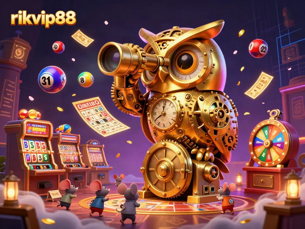 Experience the excitement of rikvip88 with vibrant casino visuals featuring a golden owl and lively game elements.