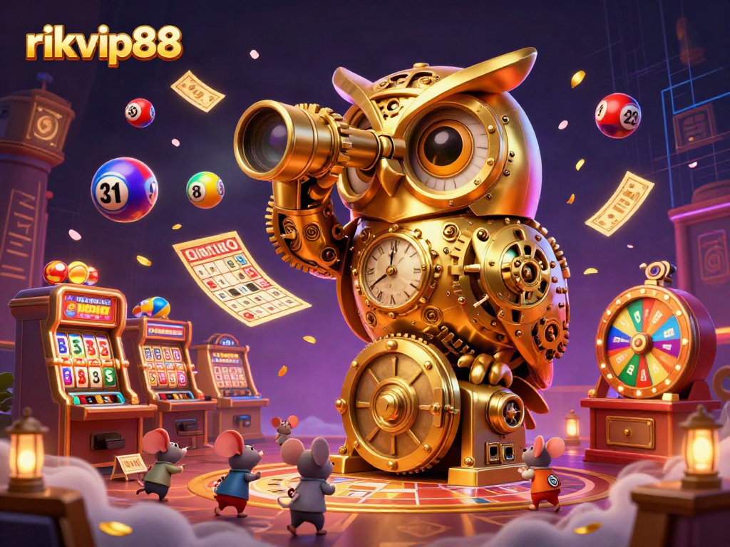 Experience the excitement of rikvip88 with vibrant casino visuals featuring a golden owl and lively game elements.