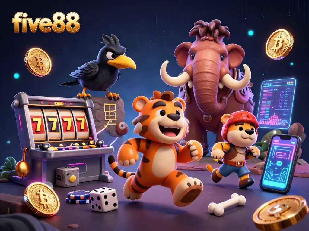Experience winning at five88 with a vibrant scene of caveman characters in a lively casino atmosphere.