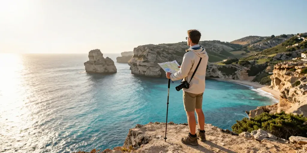 Gozo tours adventure scene with traveler overlooking coastline at sunset.