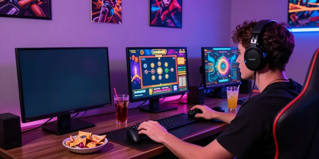 Engaged player enjoying rokok88 slot on high-definition monitor in a vibrant gaming environment.