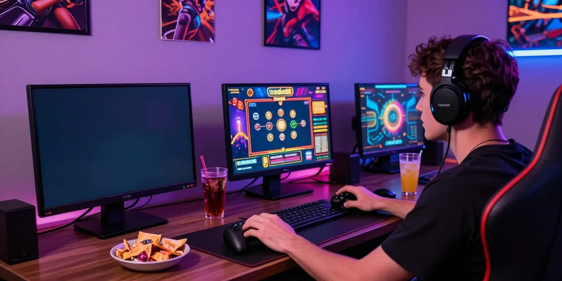Engaged player enjoying rokok88 slot on high-definition monitor in a vibrant gaming environment.