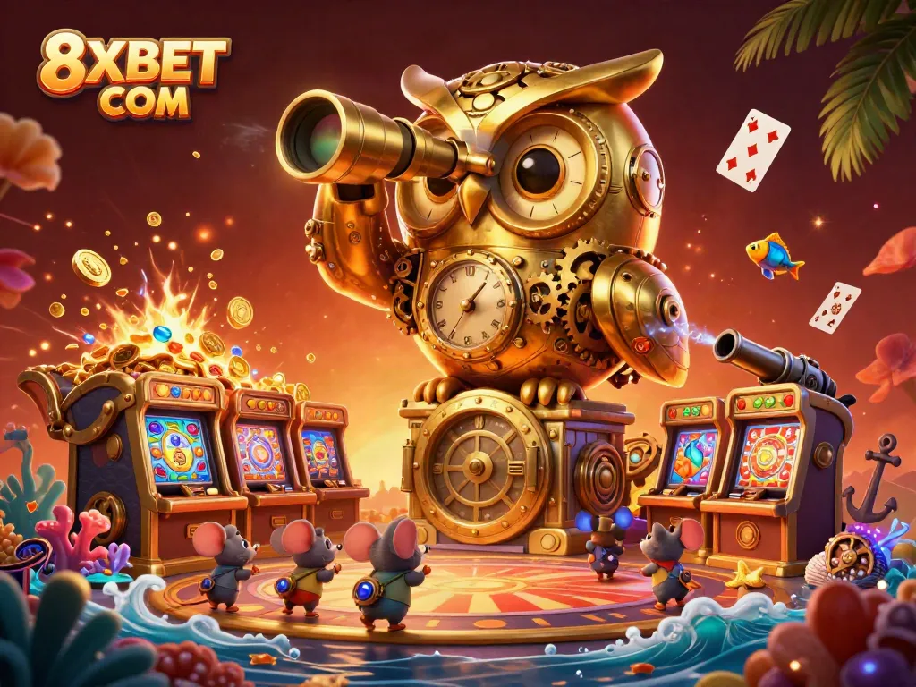 Play casino games at 8XBET COM with a vibrant 3D scene showcasing a golden owl overlooking thrilling gaming activity.