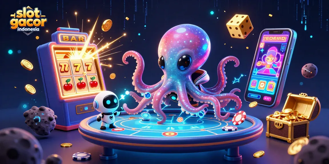 Engage with slot gacor Indonesia through a vibrant and dynamic 3D casino scene featuring an octopus and robot.