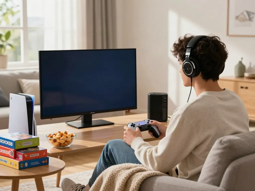 Engaged gamer enjoying ROKOK88 game offline in cozy living room setting.
