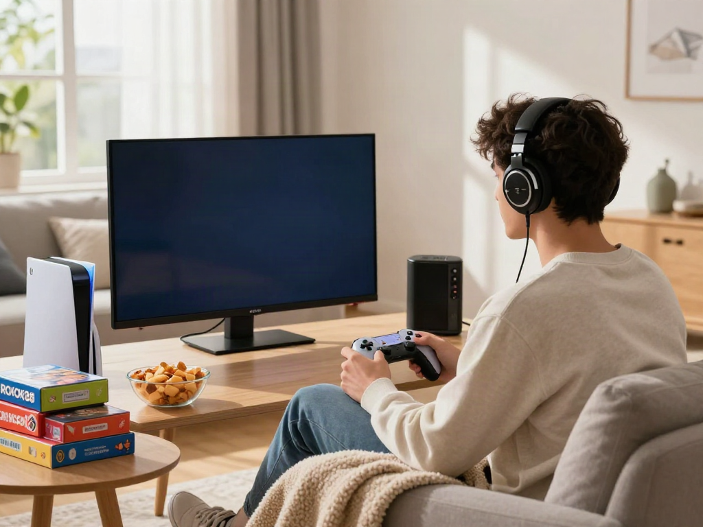 Engaged gamer enjoying ROKOK88 game offline in cozy living room setting.