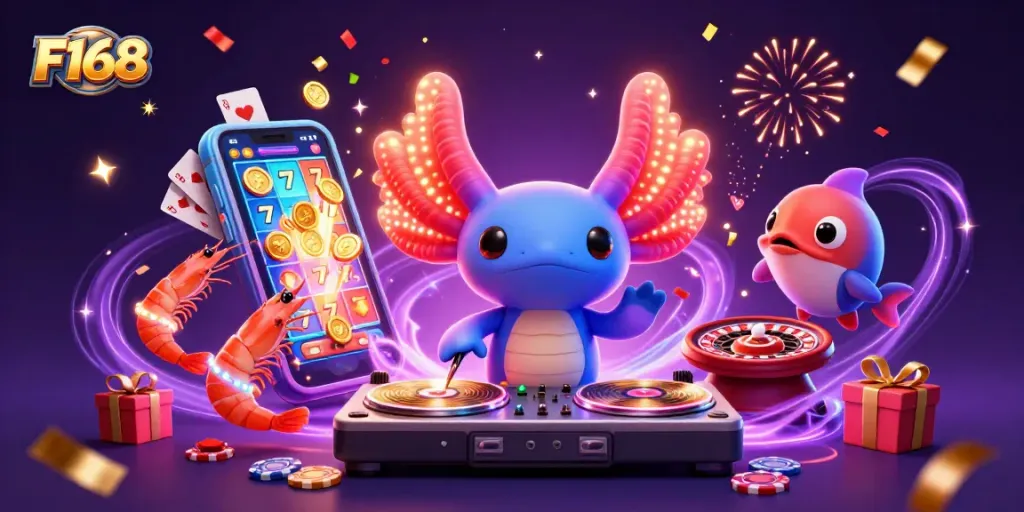 Spinning colorful F168 slot game reels and golden coins erupting with vibrant characters celebrating.
