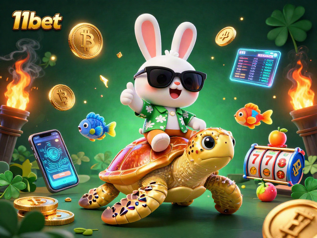 Engage with the vibrant world of 11bet in this lively illustration featuring a lucky rabbit and a golden sea turtle.