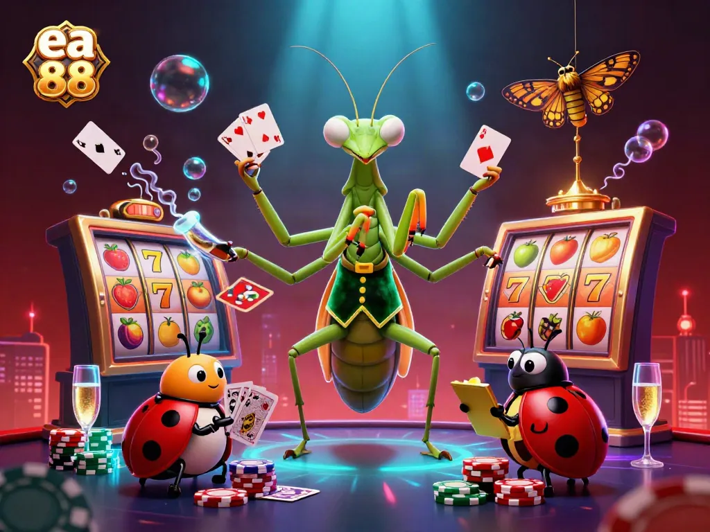 Experience high-stakes action with ea 88 at a vibrant casino featuring colorful slot reels and animated characters.
