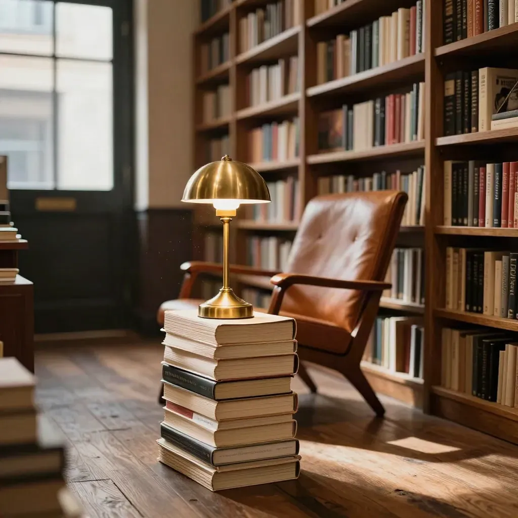 Warm bookshop reading nook with chair, stacked books, brass lamp, and dust in afternoon light.