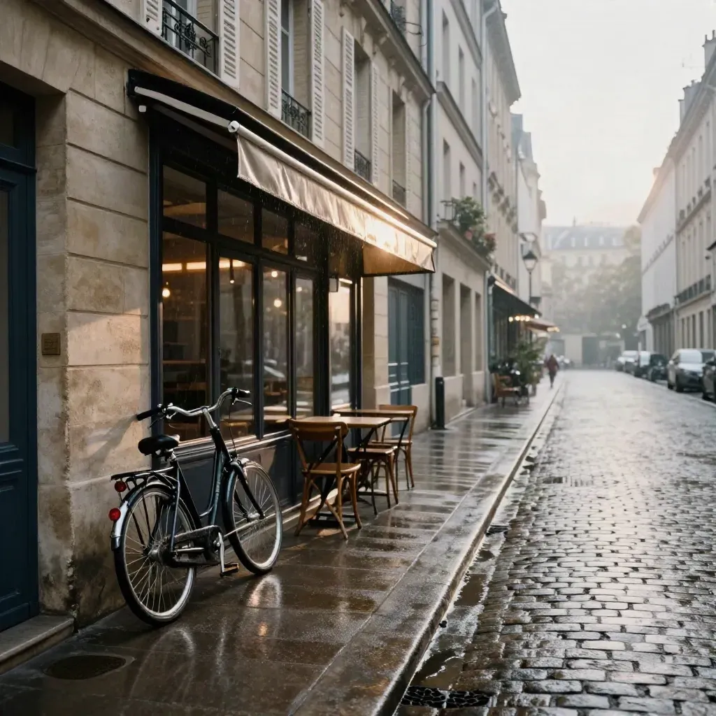 Rainy Paris side street with folded cafés, pale façades, a bicycle and shining cobblestones.