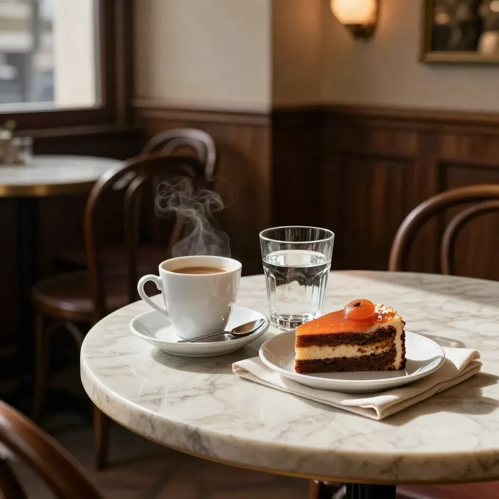 Vienna café table with melange, water, spoon, and cake in warm window light.