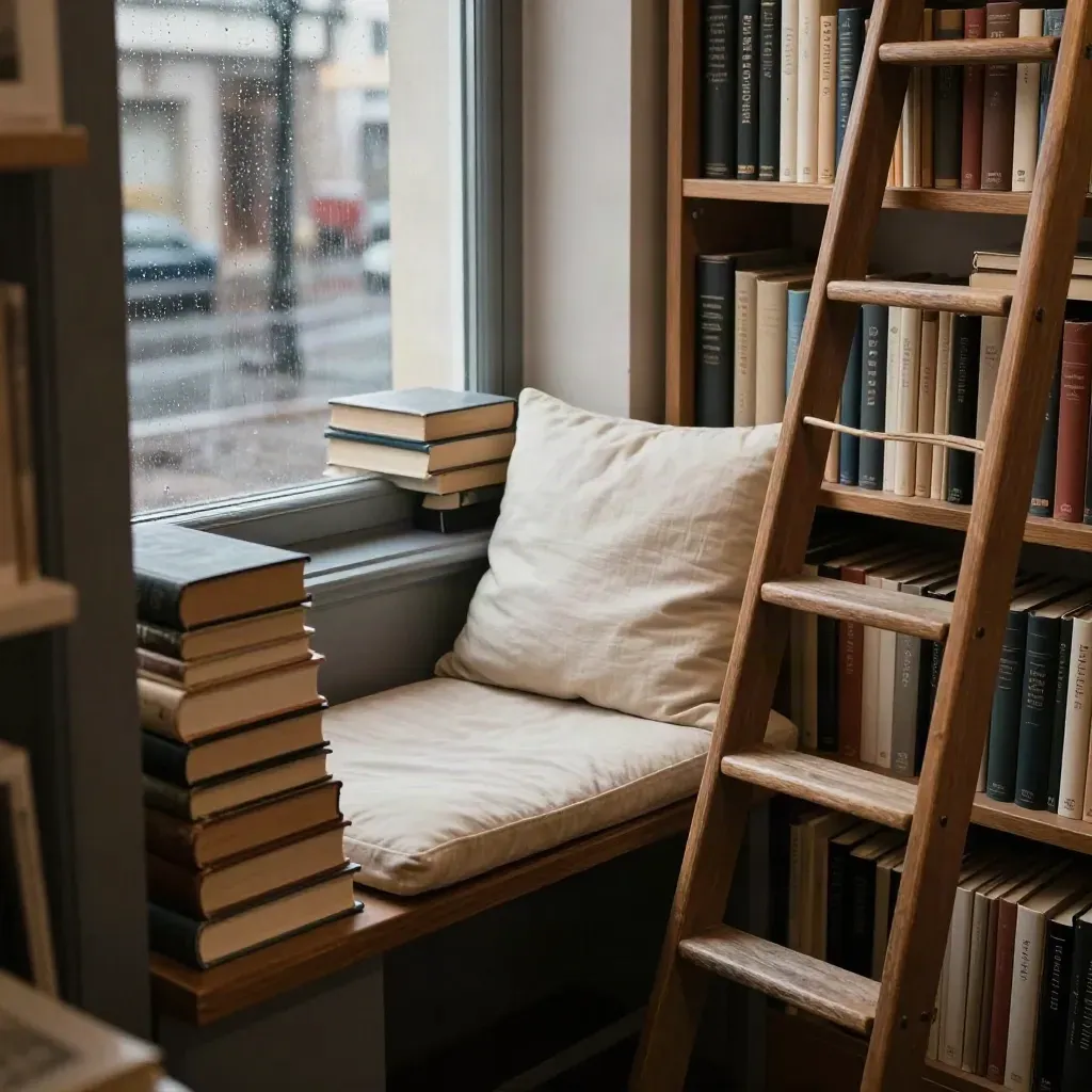 Rain-lit Berlin book nook with hardbacks, ladder and a sunlit window seat.
