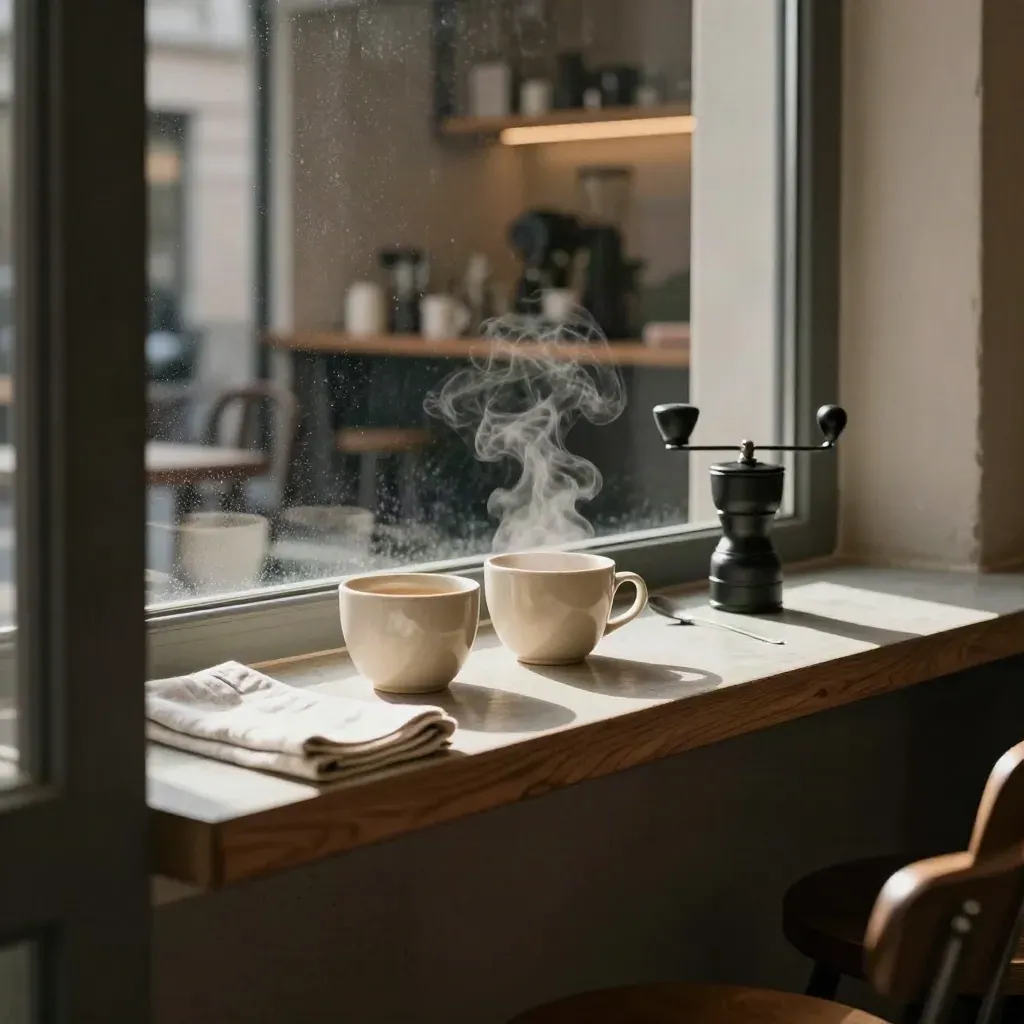 Berlin coffee bar window seat with steaming cups, grinder, and winter light on pale concrete.