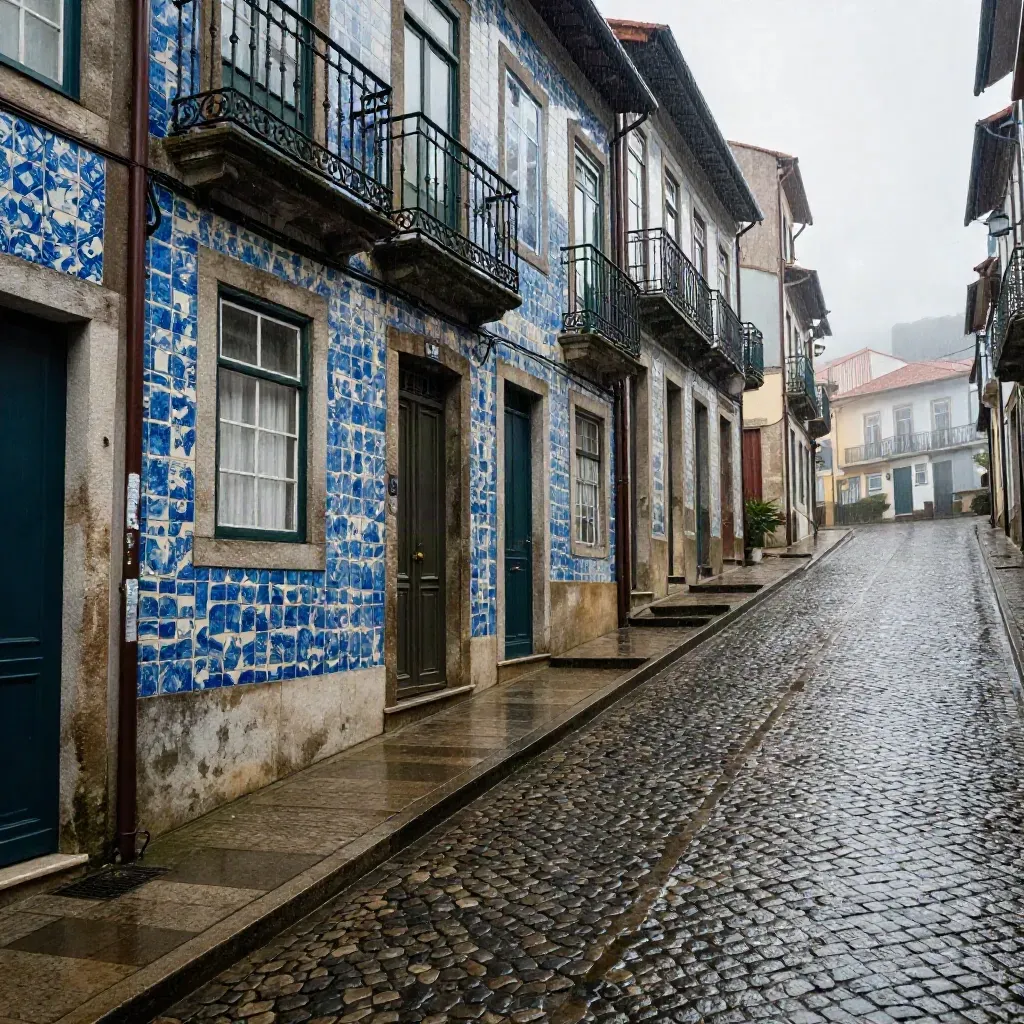 Wet Porto lane with blue-tiled façades, steep steps, and gleaming cobbles after rain.