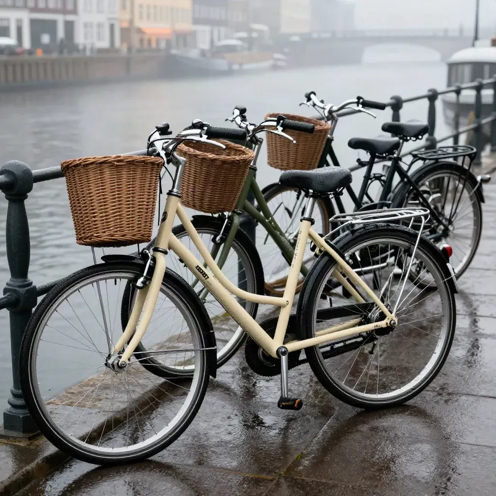 Wet Copenhagen bikes by a canal rail, one front wheel turning in the mist.