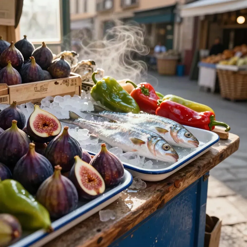 Seville market stall with figs, peppers, fish on ice, and a white enamel tray.