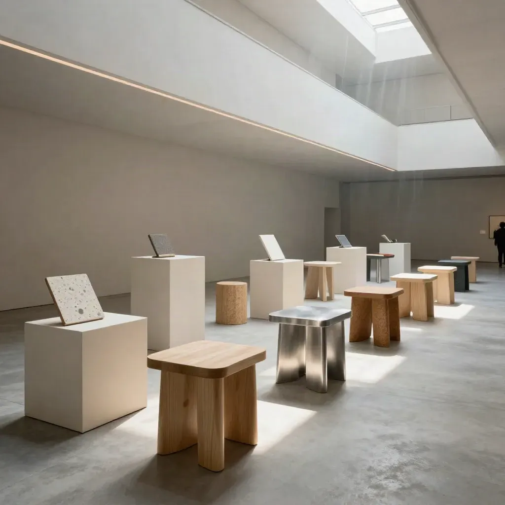 Upper-balcony view of a skylit design fair installation with stools, plinths, and material samples.