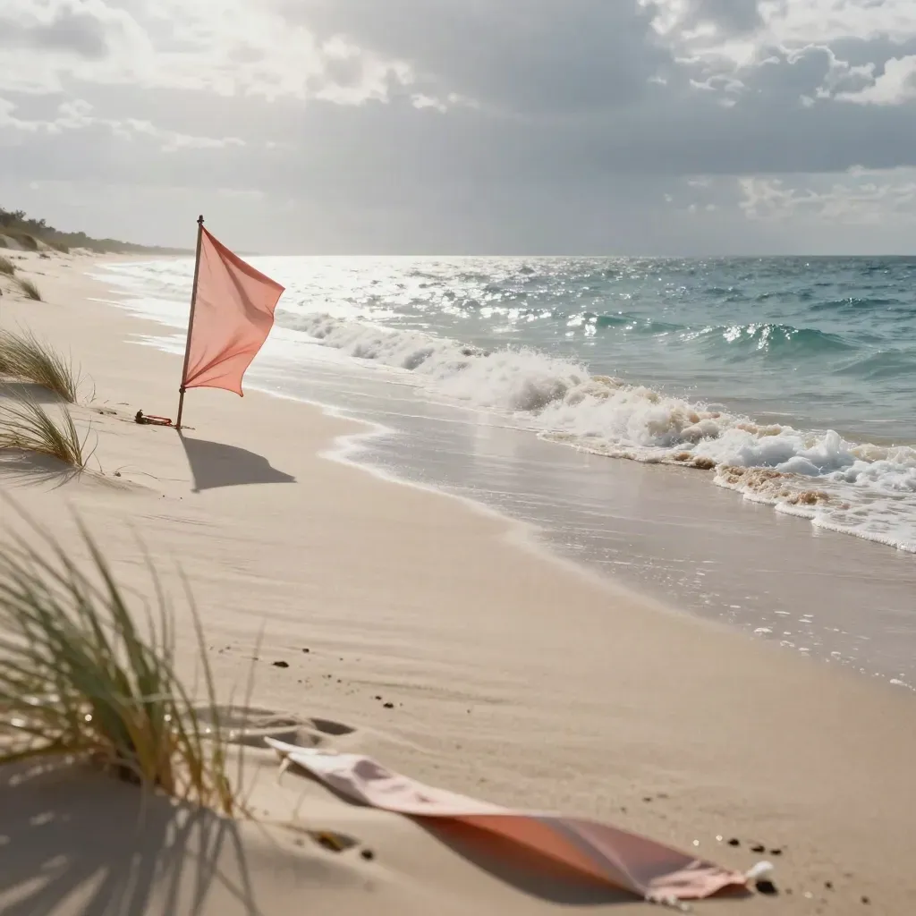 Coral windbreak on a quiet beach as small waves fold and retreat under moving cloud shadow.