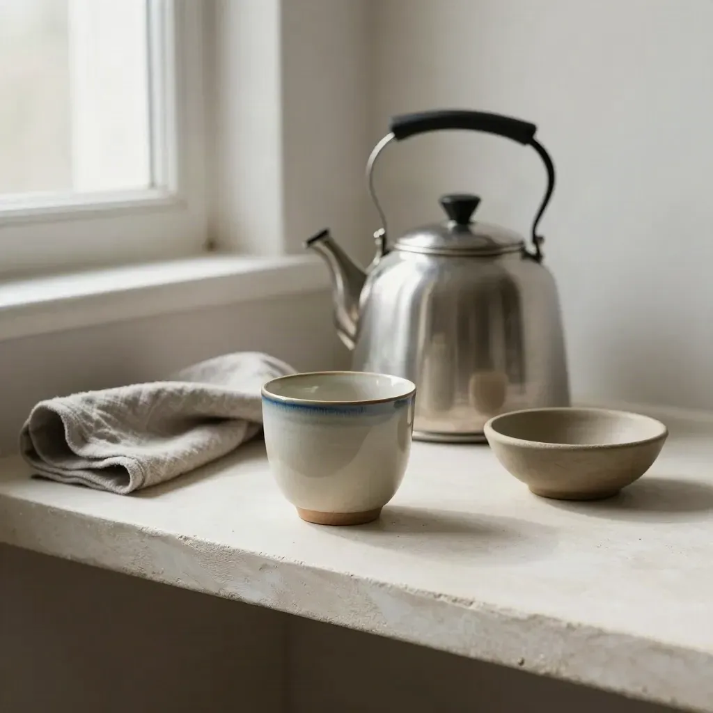 Cup, kettle, cloth, and bowl on a pale shelf in soft morning light.