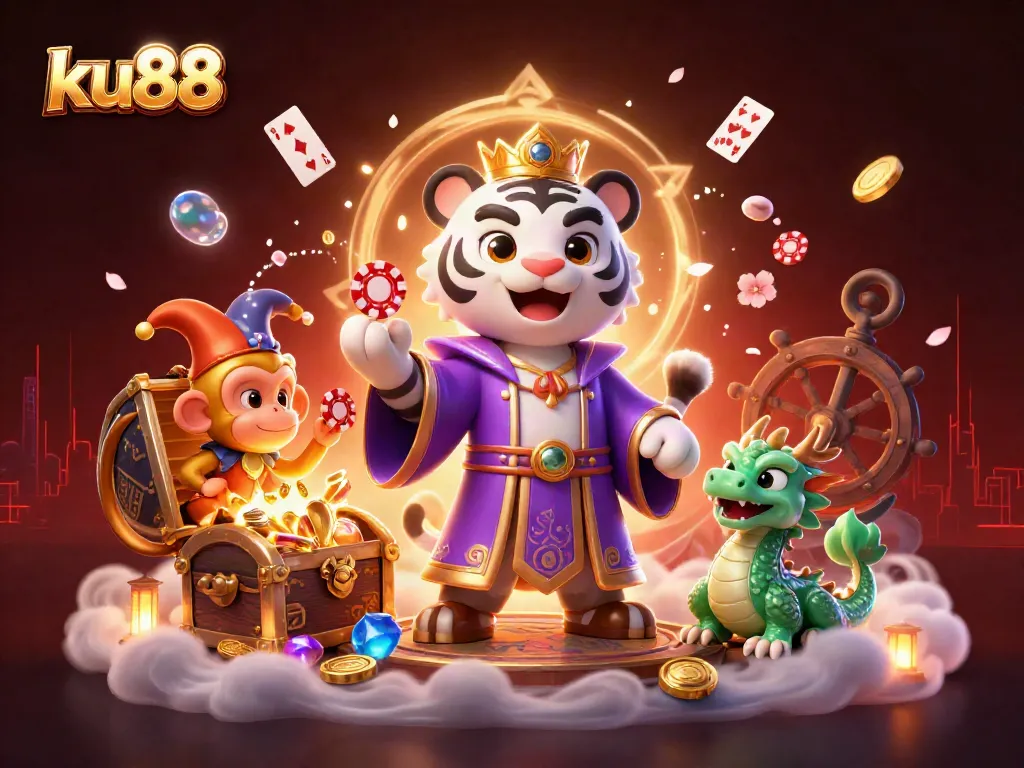 Engage with ku88’s thrilling casino adventures featuring a majestic tiger, playful monkey, and animated dragon.