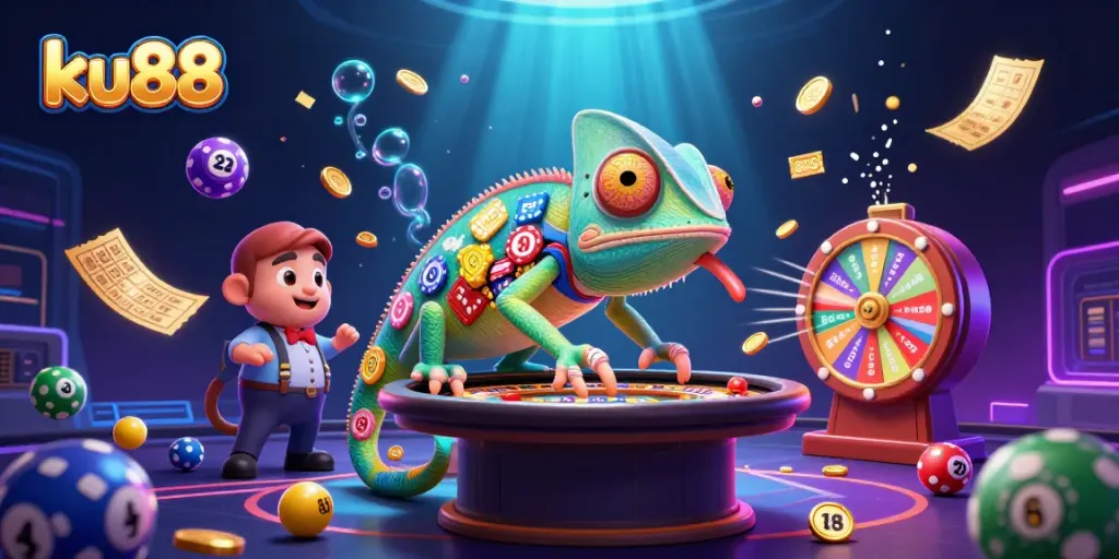 Experience thrilling moments at ku88 with dynamic lottery games and an animated chameleon casino owner.