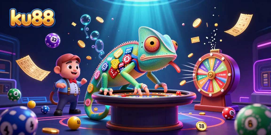 Experience thrilling moments at ku88 with dynamic lottery games and an animated chameleon casino owner.