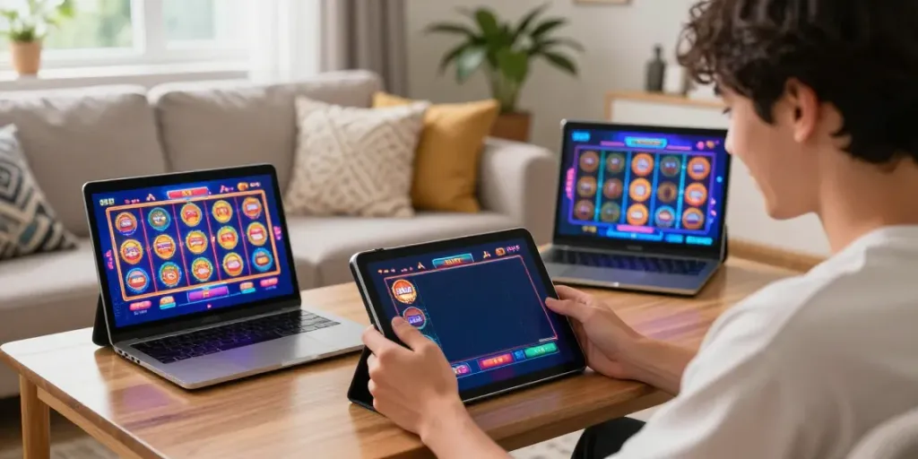 Player enjoying rokok 88 online slot games on a tablet in a cozy living room.