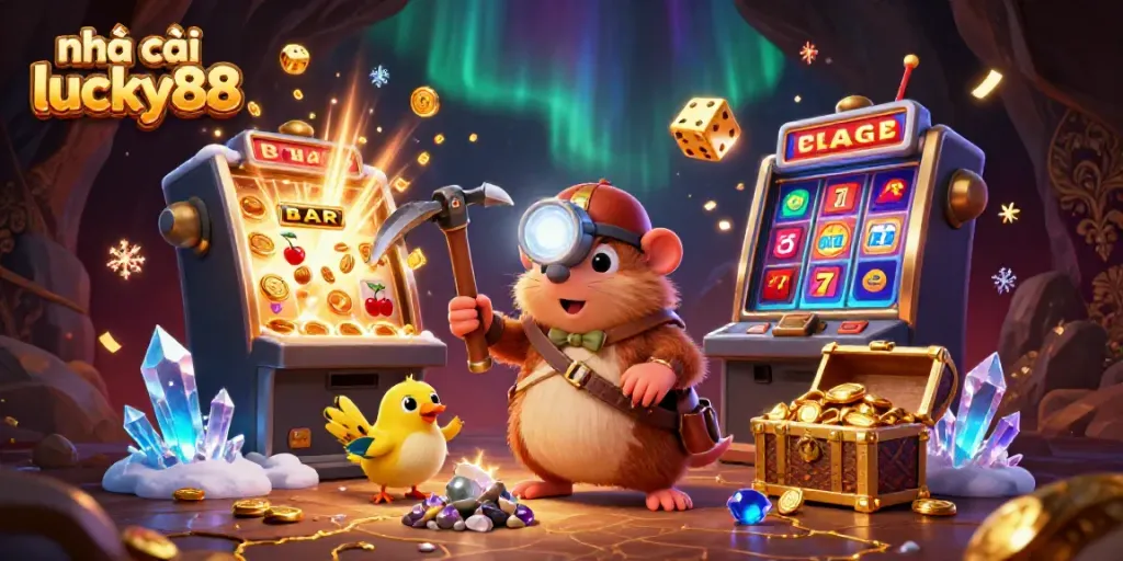 Visualize high-stakes gaming at nhà cái lucky88 with a colorful explosion of casino elements, embodying excitement.