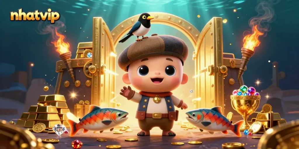 Nhatvip showcases an enchanting underwater scene featuring playful Nessie, a gold-loving magpie, and rich treasures.
