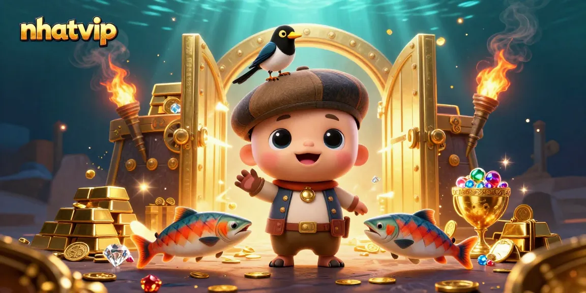 Nhatvip showcases an enchanting underwater scene featuring playful Nessie, a gold-loving magpie, and rich treasures.