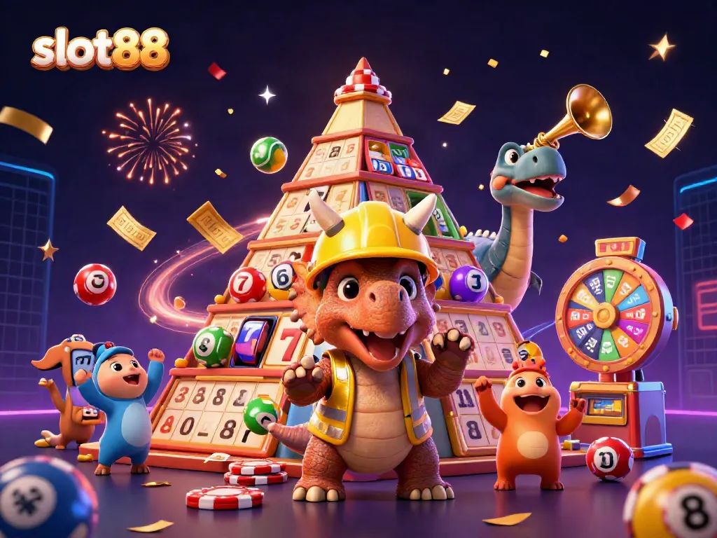 Engage in slot88 excitement with a cartoon triceratops and parasaurolophus celebrating a jackpot win!