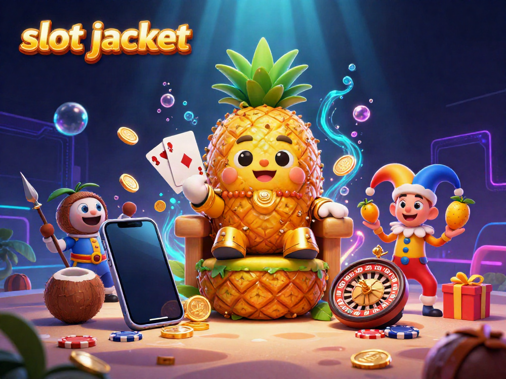 Experience the thrill of the slot jackpot with a vibrant 3D illustration of a tropical casino scene featuring a golden pineapple king.