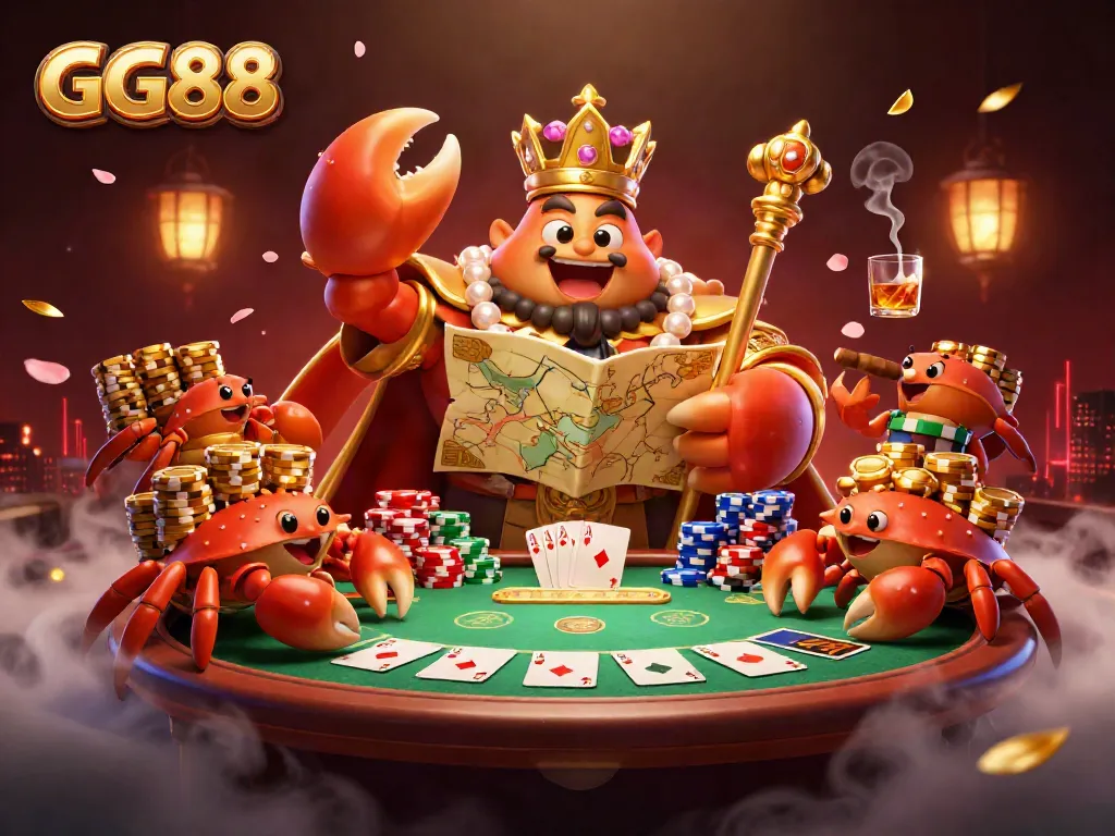Engage in thrilling action at GG88, where a golden crab emperor presides over a colorful poker table.
