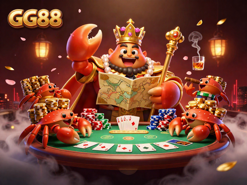 Engage in thrilling action at GG88, where a golden crab emperor presides over a colorful poker table.