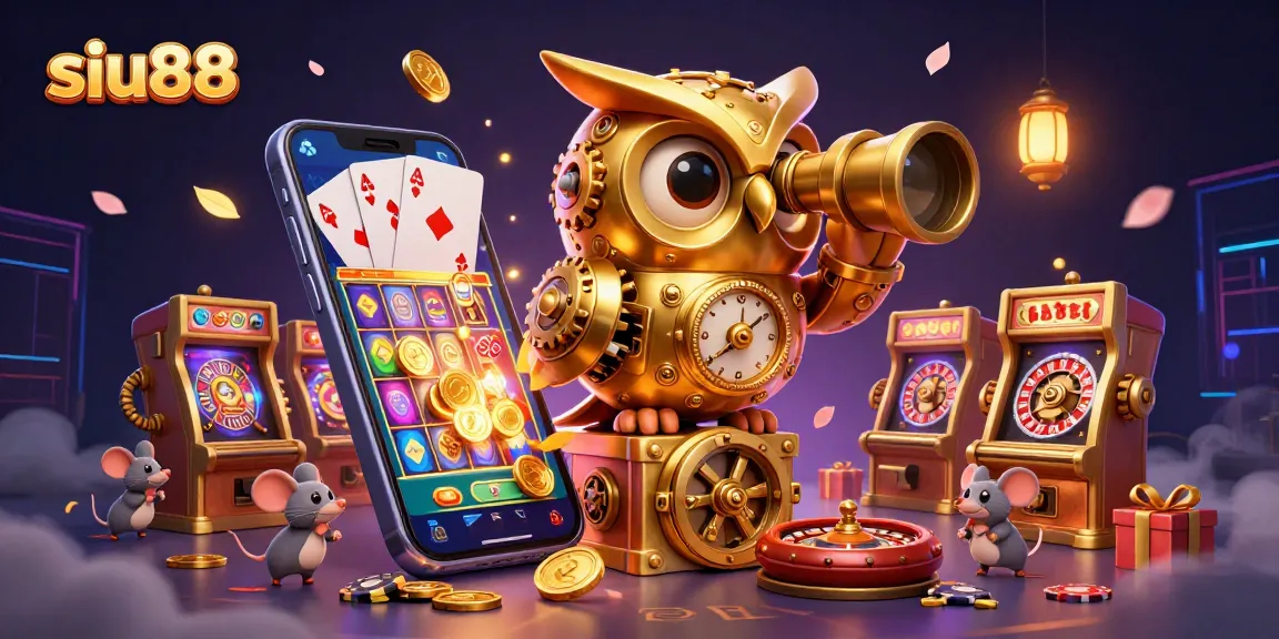 Siu88 golden owl overseeing a vibrant casino scene with slot games and animated mouse patrons.