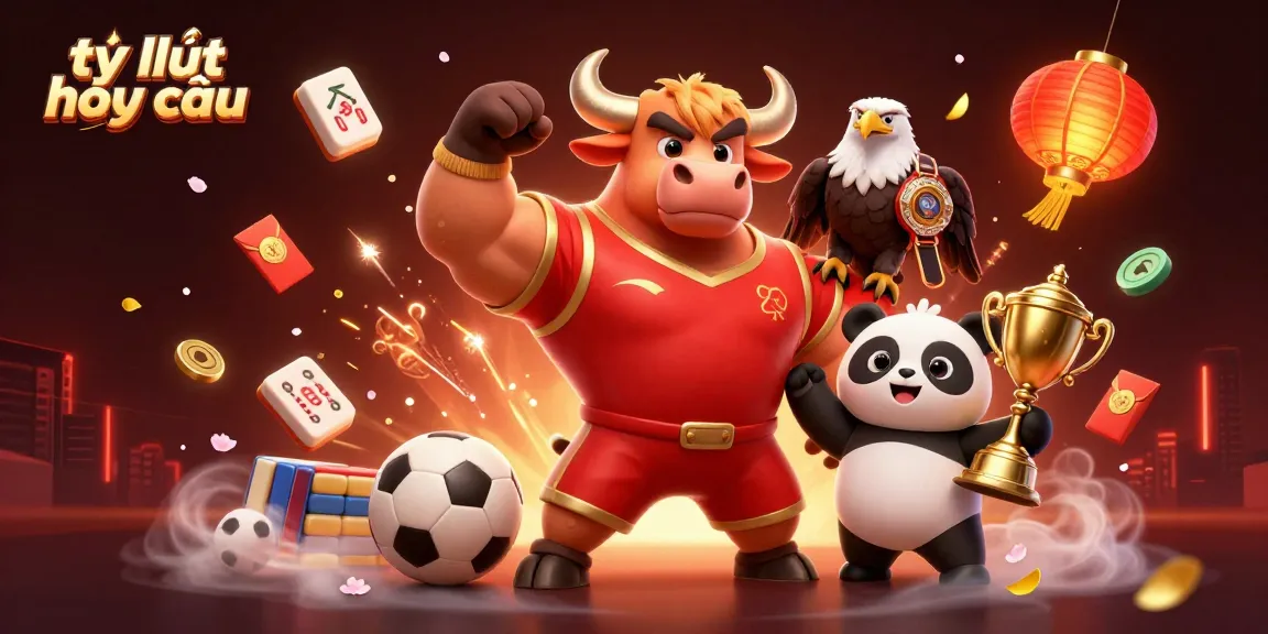 Engage with tỷ lệ nhà cái as a muscular bull mascot celebrates wins with a panda and eagle.