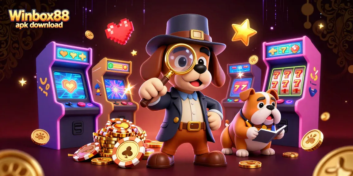 Winbox88 apk download with a detective dog scene examining poker clues amidst vibrant casino elements.
